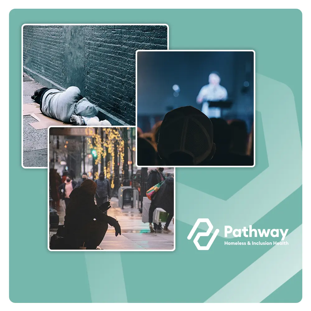 A collage of images showing homeless people on the streets and a speaker presenting at a conference